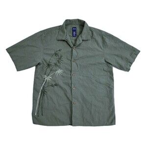 Bamboo Hawaiian Linen Rayon Rockabilly Tropical Island Shirt Size Medium Green